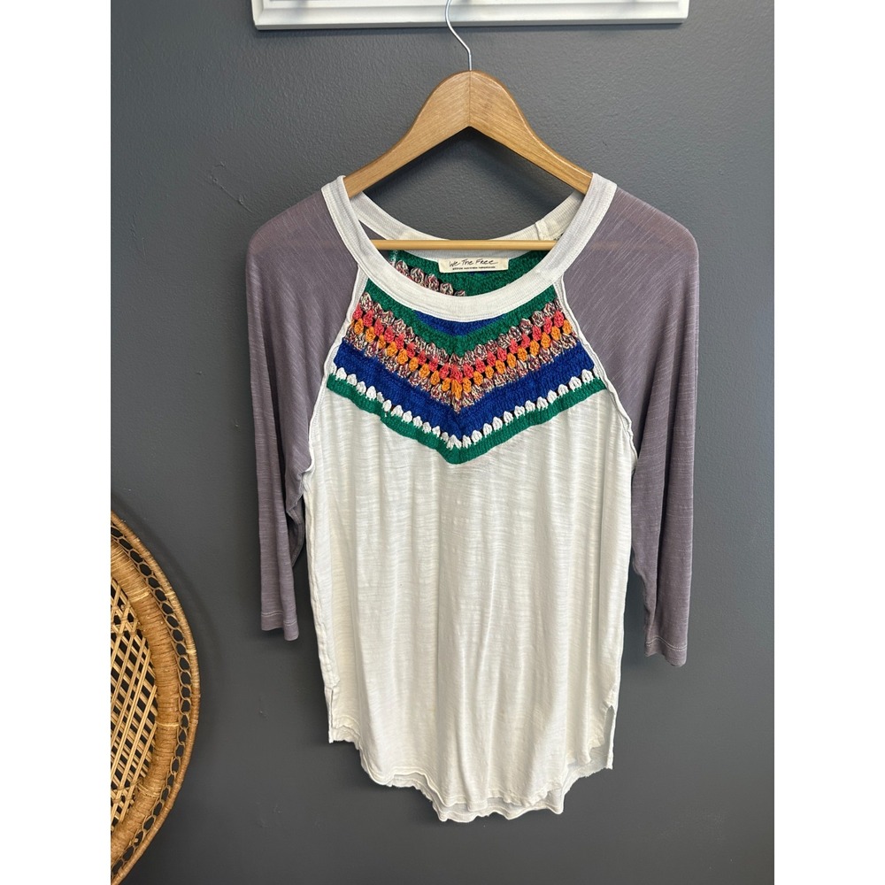We The Free Womens Spring Bound Top M Multi Crochet Bib Boho Linen Blend Raglan